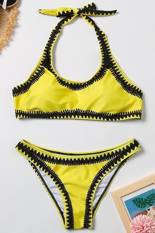 Halter Color Block Triangle Bikini Set Yellow
