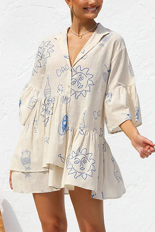 Rosiedress Flare Sleeves Button Down Graffiti Print Ruffle Shirt Dress Blue