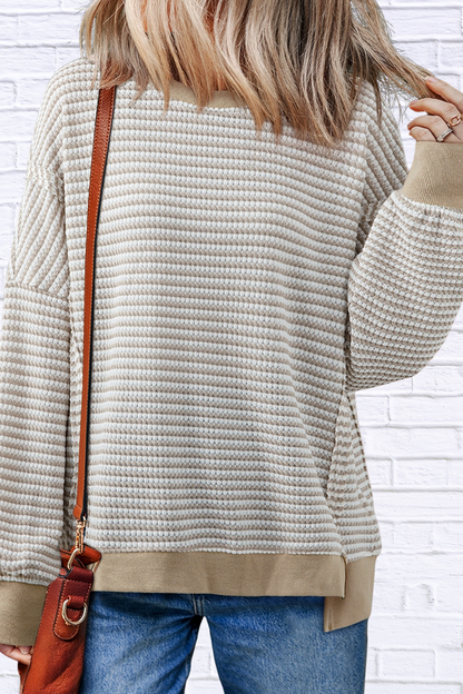 Stripe Ribbed Trim Drop Shoulder Long Sleeve Oversize Top