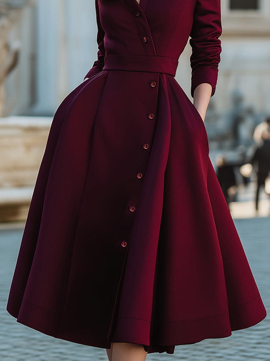 Elegant Band Collar Button-Down Midi Dress With Belt