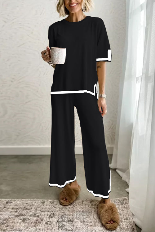 Color Block Short Sleeves Side Split Pullover Wide Leg Pants Knitting Loungewear Set Black