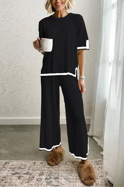 Rosiedress Color Block Short Sleeves Side Split Pullover Wide Leg Pants Knitting Loungewear Set Black