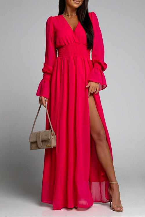 Rosiedress V Neck Long Sleeve Smocked Waist Maxi Slit Dress