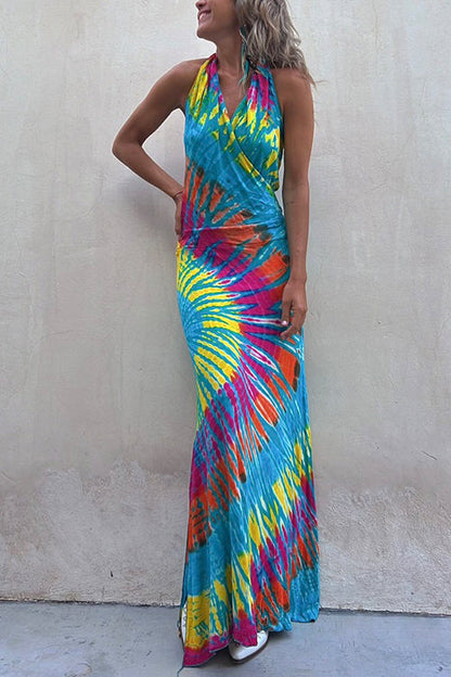 Rosiedress Sleeveless Halter Backless Maxi Tie Dye Dress