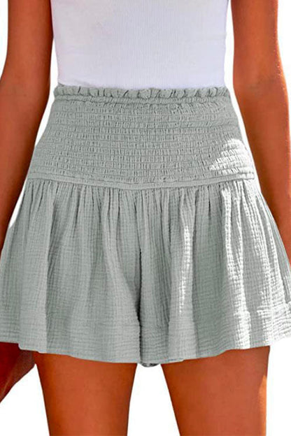 Elastic Smocked Waist Wide Leg Solid Shorts Gray