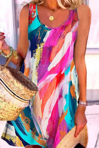 U Neck Sleeveless Tie Dye Casual Dress Pink