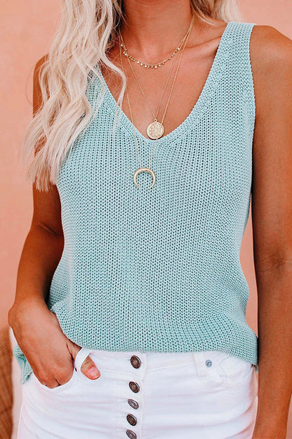 V Neck Solid Knitting Tank Top Blue