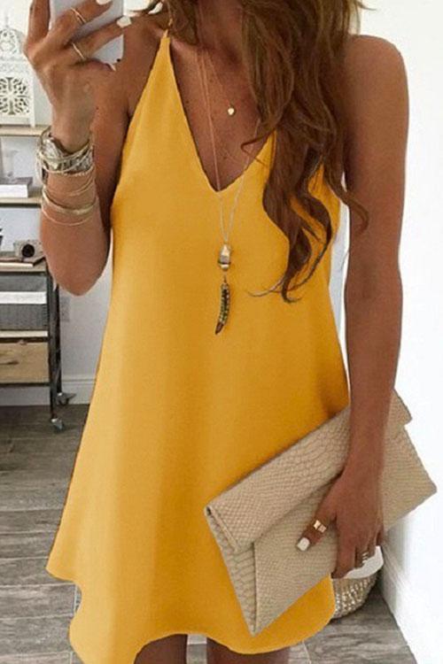 Rosiedress Solid V-neck Sleeveless Chiffon Swing Dress Yellow