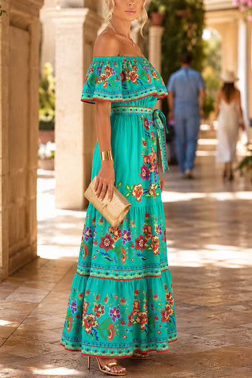 Off Shoulder Bow Waist Floral Print Ruffle Tiered Maxi Dress