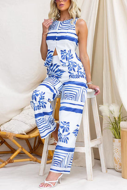 Elastic Waist Wide Leg Printed Pants