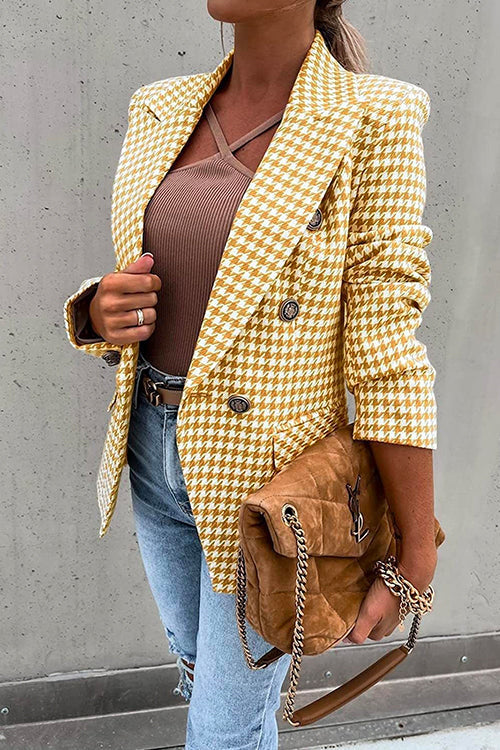 Rosiedress Claasic Double Breasted Slim Fit Houndstooth Blazer Yellow