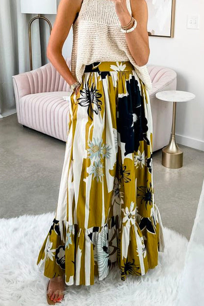 High Waist Printed Ruffle Swing Maxi Skirt Printed