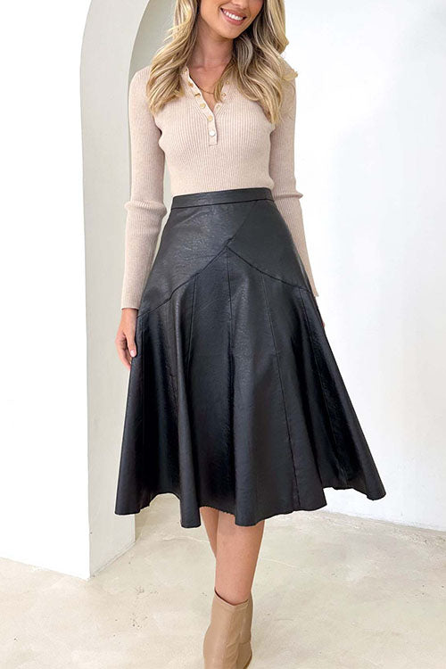 Rosiedress High Waist Faux Leather A-line Flare Midi Skirt