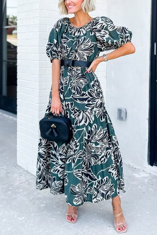 Off Shoulder Puff Sleeve Ruffle Swing Print Maxi Dress Green