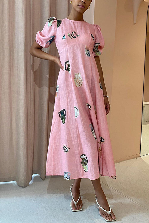 Rosiedress Puff Sleeves Unique Print Swing Midi Dress Pink