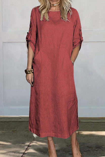 Rolled Up Sleeves Pocketed Cotton Linen Maxi Shift Dress Red