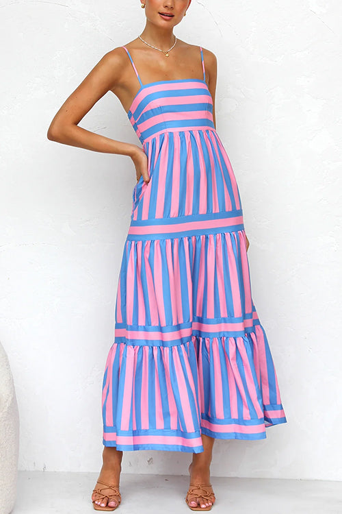 Spaghetti Strap Tiered Color Block Striped Maxi Dress Pink