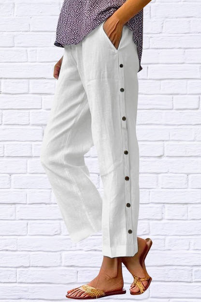 Full Size Side Decor Button Casual Wide Leg Pants Plus Size