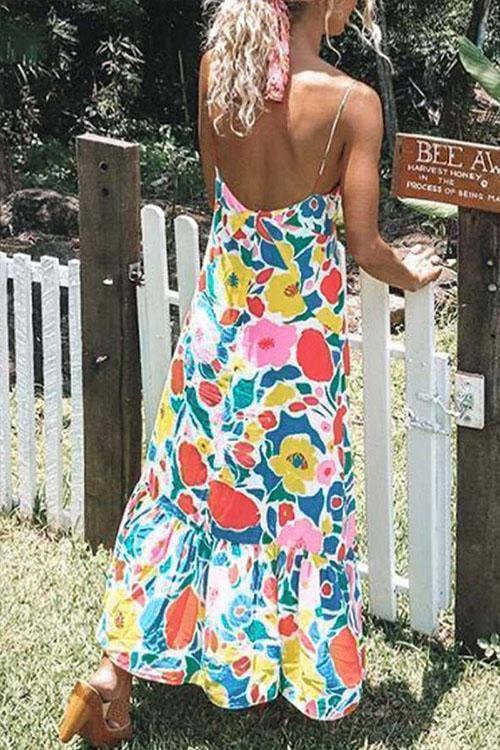 Rosiedress V Neck Ruffled Hem Printed Maxi Cami Dress