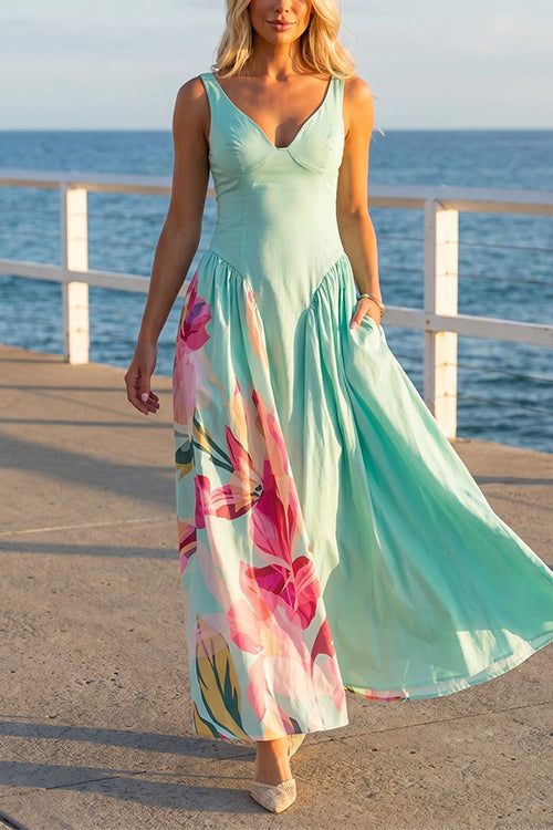 V Neck Sleeveless Basque Waist Floral Print Maxi Dress