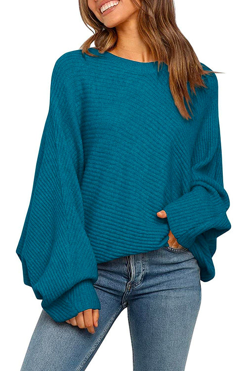 Batwing Long Sleeves Ribbed Knit Tunic Sweater Blue