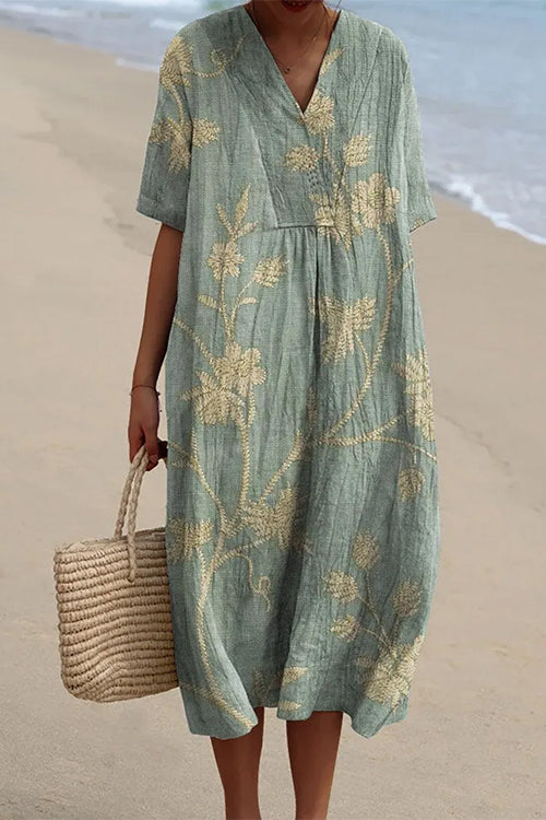 V Neck Short Sleeves Floral Print Loose Midi Vacation Dress Green