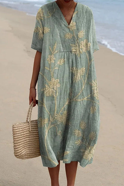 V Neck Short Sleeves Floral Print Loose Midi Vacation Dress Green