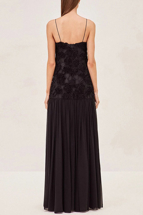 Spaghetti Strap Floral Applique Patchwork Maxi Dress