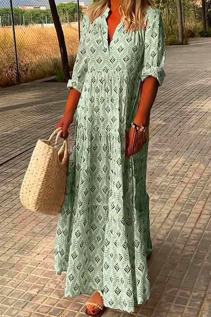 V Neck Long Sleeves Tiered Printed Maxi Dress LightGreen