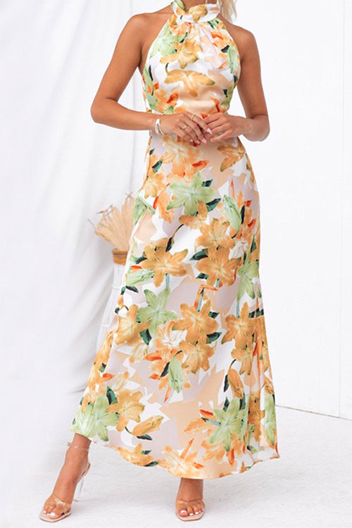 Rosiedress Tie Neck Backless Floral Printed Maxi Flowy Dress