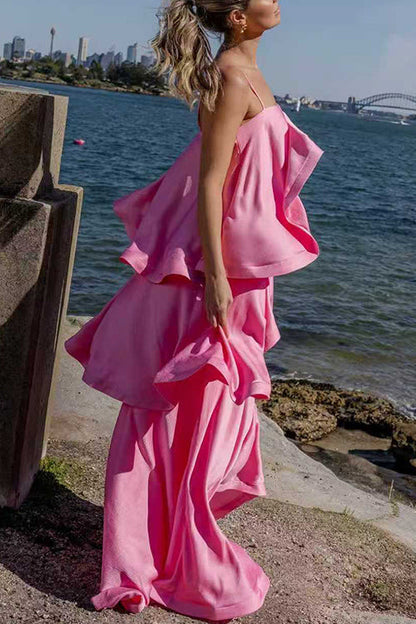 Spaghetti Strap Ruffle Layered Satin Maxi Dress