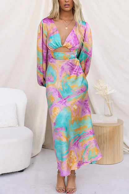 V Neck Long Sleeves Cut Out Printed Maxi Dress