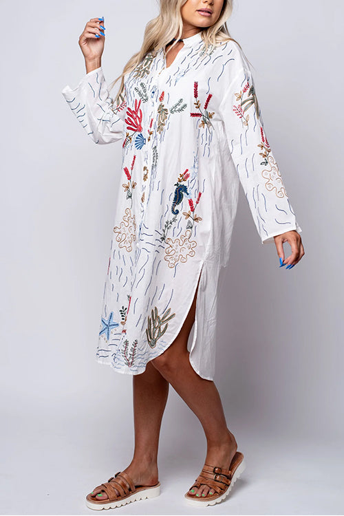 Rosiedress V Neck Long Sleeves Side Split Embroidery Shirt Dress