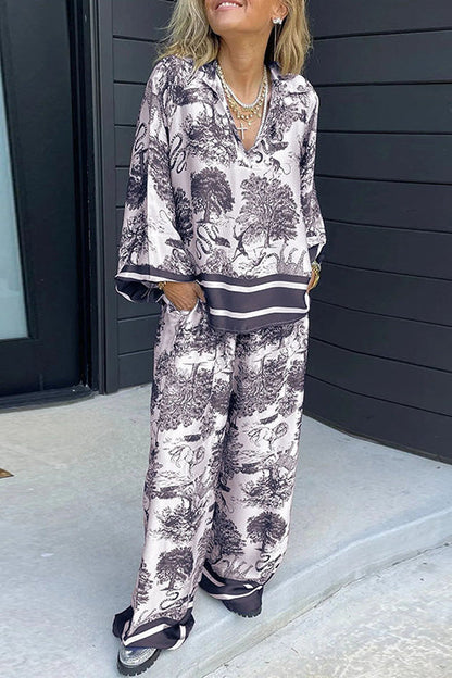 Lapel V Neck Long Sleeves Shirt Wide Leg Pants Printed Casual Set Gray