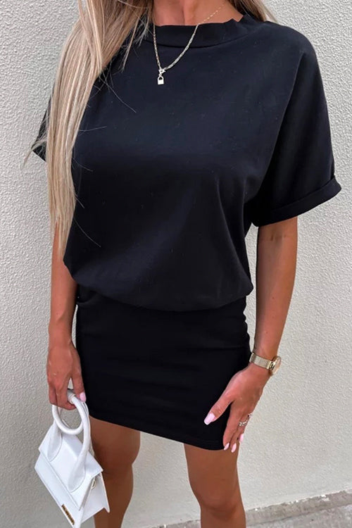 Crewneck Short Sleeve Waisted Solid Mini Dress Black