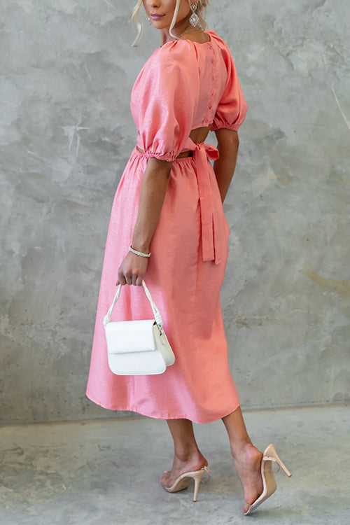 V Neck Puff Sleeves Bow Back Cut Out Midi Dress