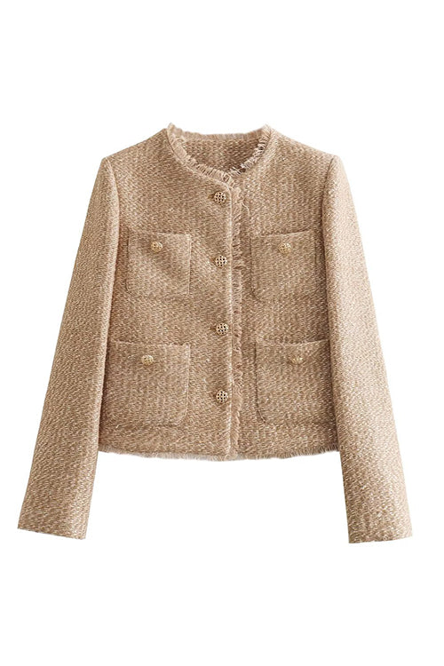 Rosiedress Button Up Frayed Hem Short Tweed Jacket