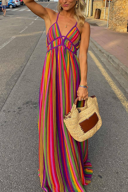 Rosiedress V Neck Backless Rainbow Stripes Cami Maxi Holiday Dress Rainbow