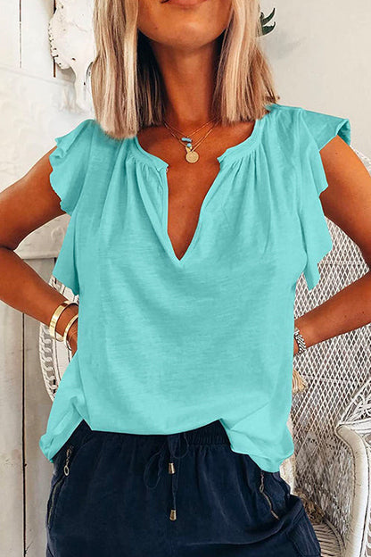 V Neck Solid Ruffle T-shirt LightBlue