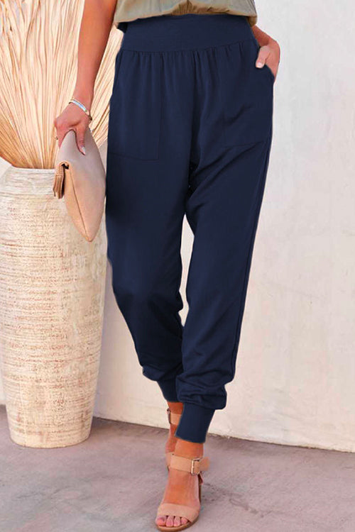 Rosiedress Solid Side Split Pockets Jogger Pants DarkBlue