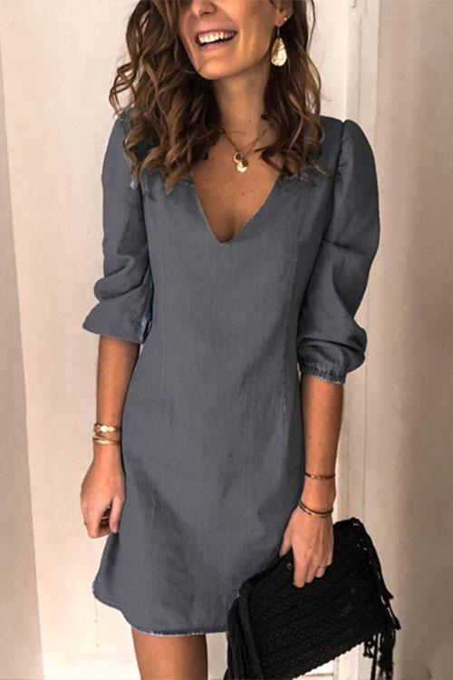 Annette V Neck Elastic Cuffs Mini Dress(5 Colors Available) Gray