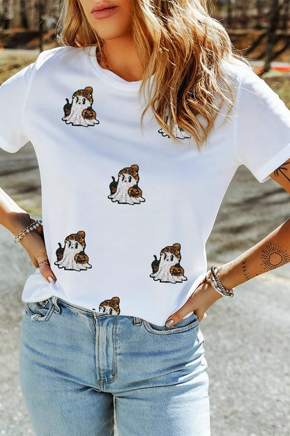 Full Size Halloween Sequin Ghost Print Short Sleeve Casual T-Shirt Plus Size
