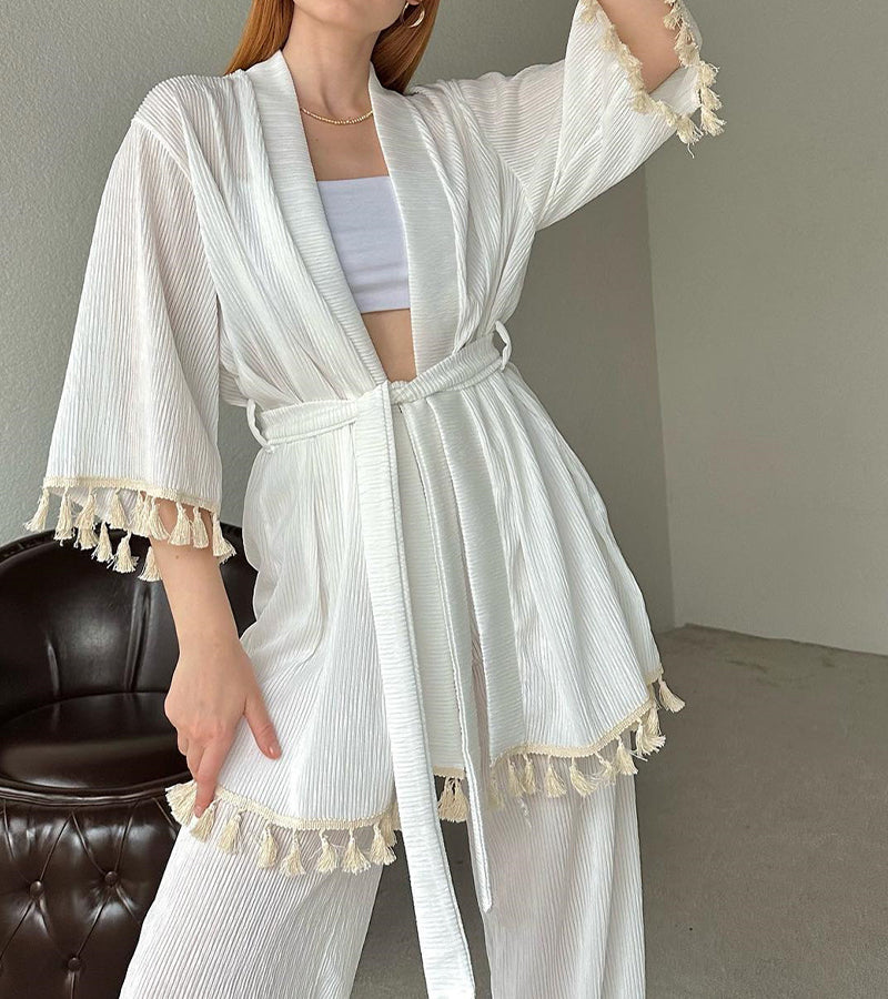 Women's Casual Cardigan Top Straight Leg Pants Two-piece Set