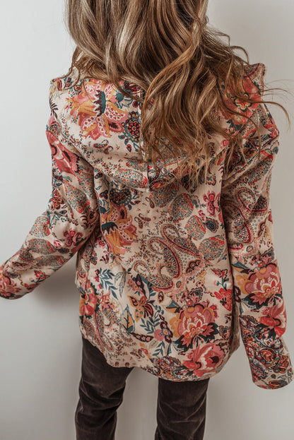Blue Zone Planet | Beige Vintage Paisley Floral Printed Sherpa Lined Hooded Jacket