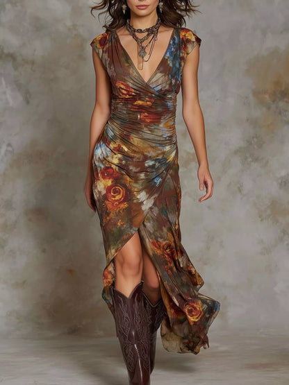 Floral Print Ruched Wrap Midi Dress