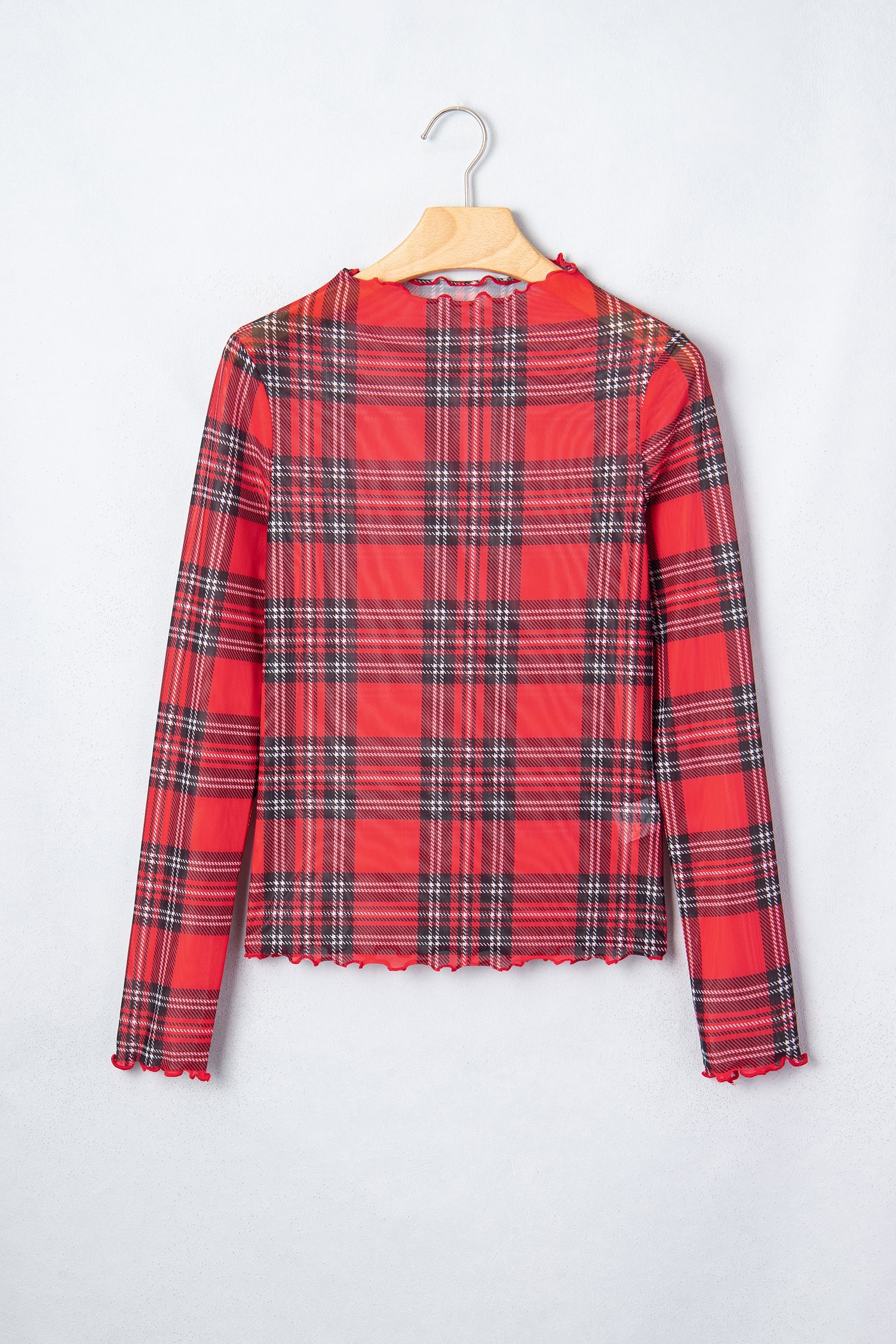 Red Plaid Round Neck Long Sleeve Pullover Top