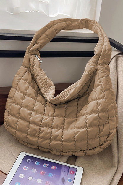 Blue Zone Planet | Light French Beige Quilted Zipper Large Shoulder Bag