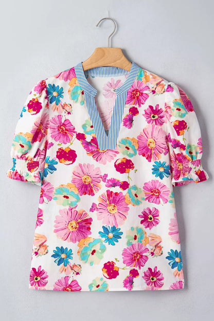 Floral Print Short Puff Sleeve Striped Trim V Neck Blouse