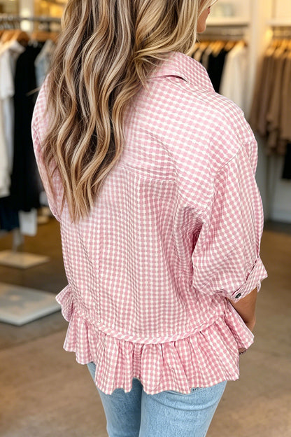 Pink Plaid Half Sleeve Ruffle Hem Button Down Shirt