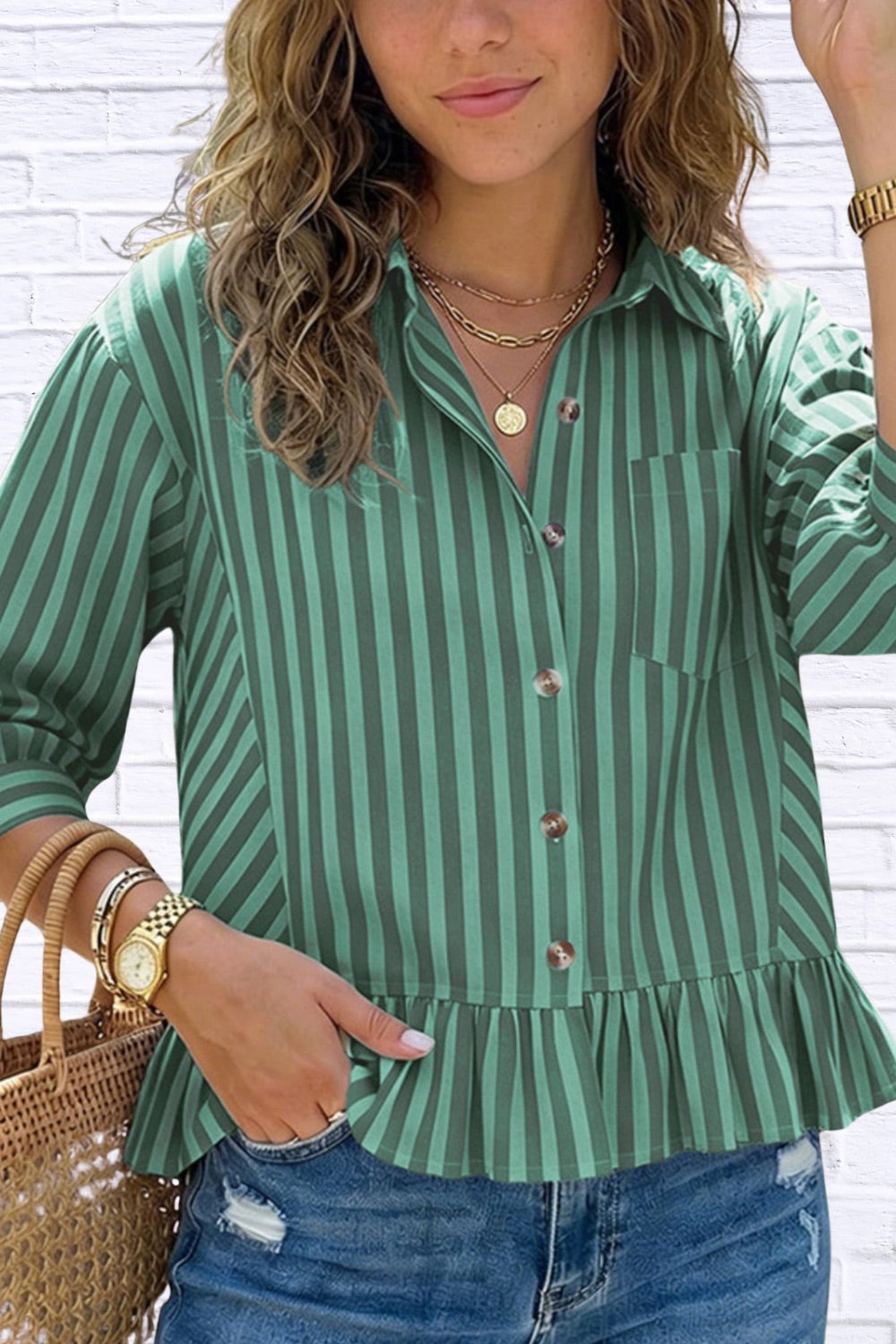 Striped Ruffle Hem Button-Down Shirt | Chic Women’s Top